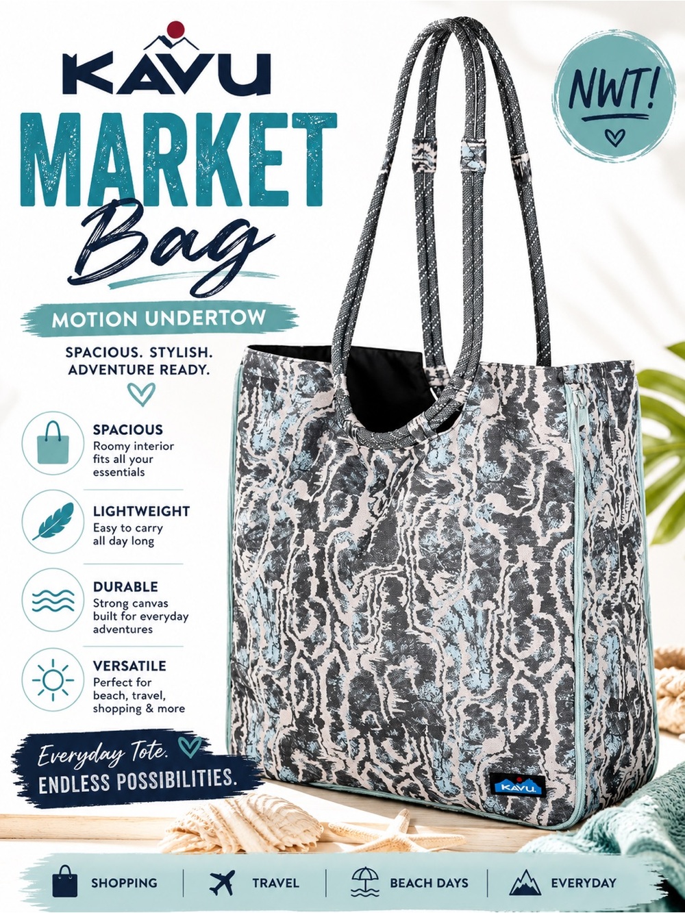 KAVU Market Bag Motion Undertow Tote Shoulder Bag NWT